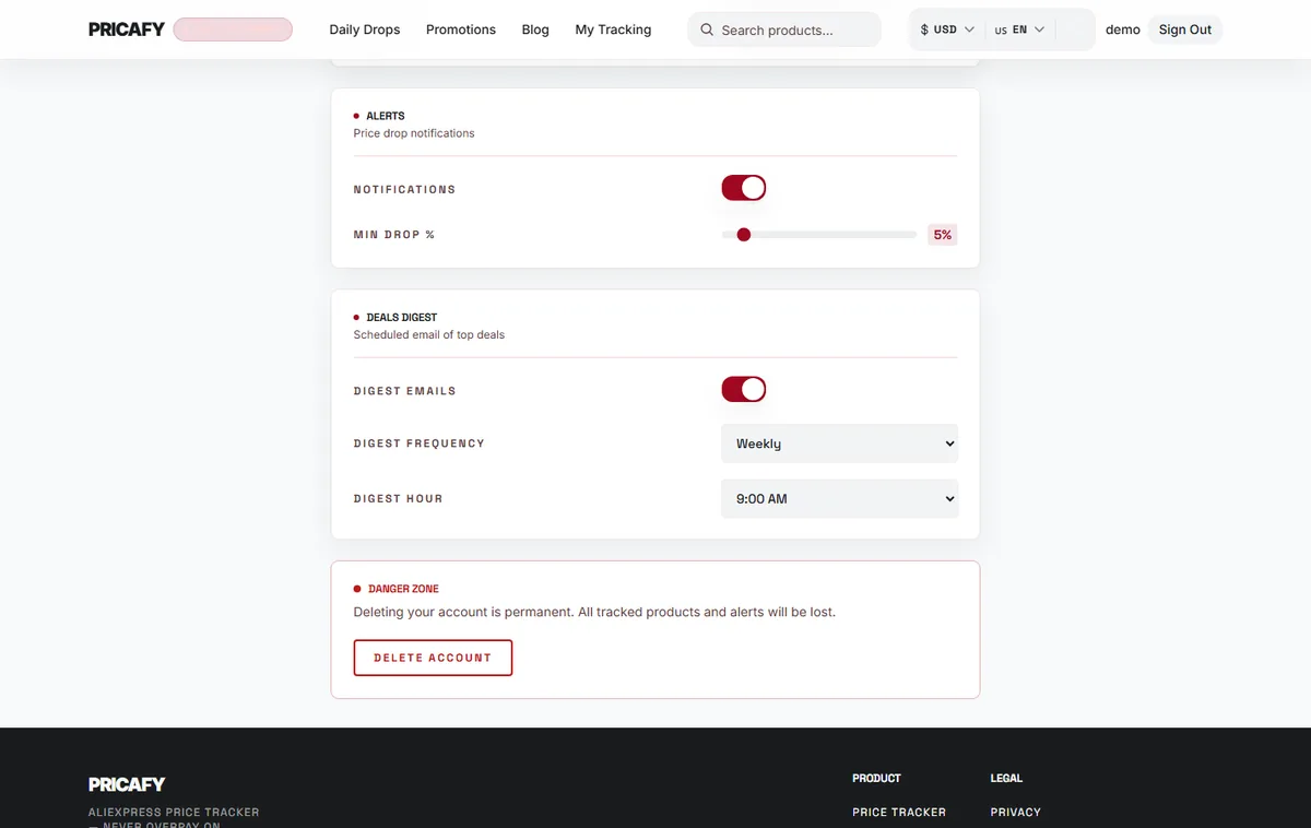 Turn the deals digest on or off