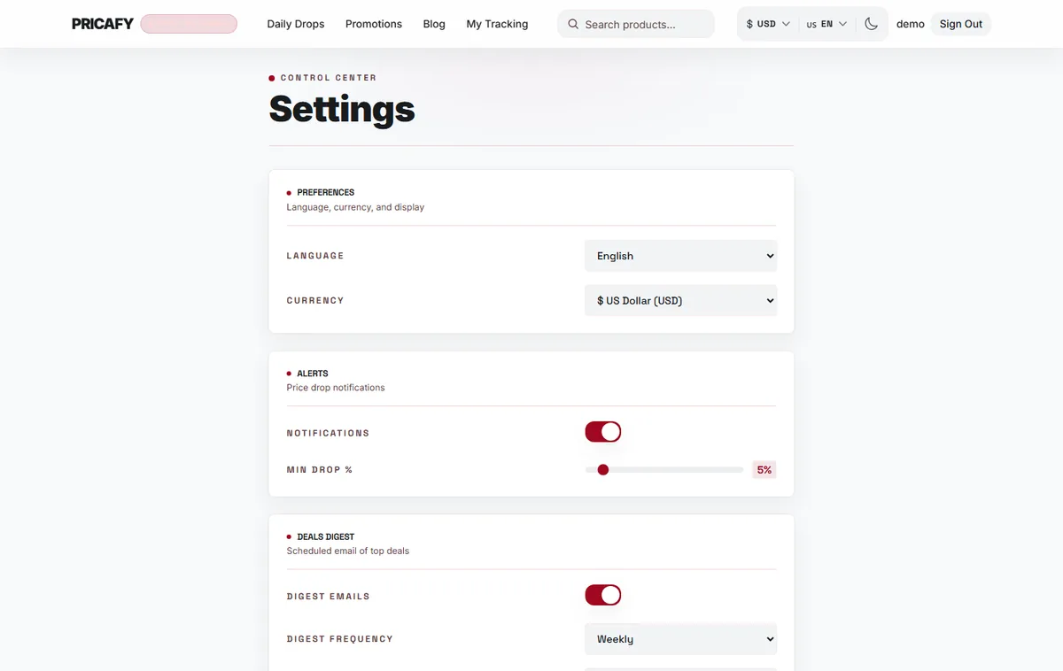 Save language and currency to your account