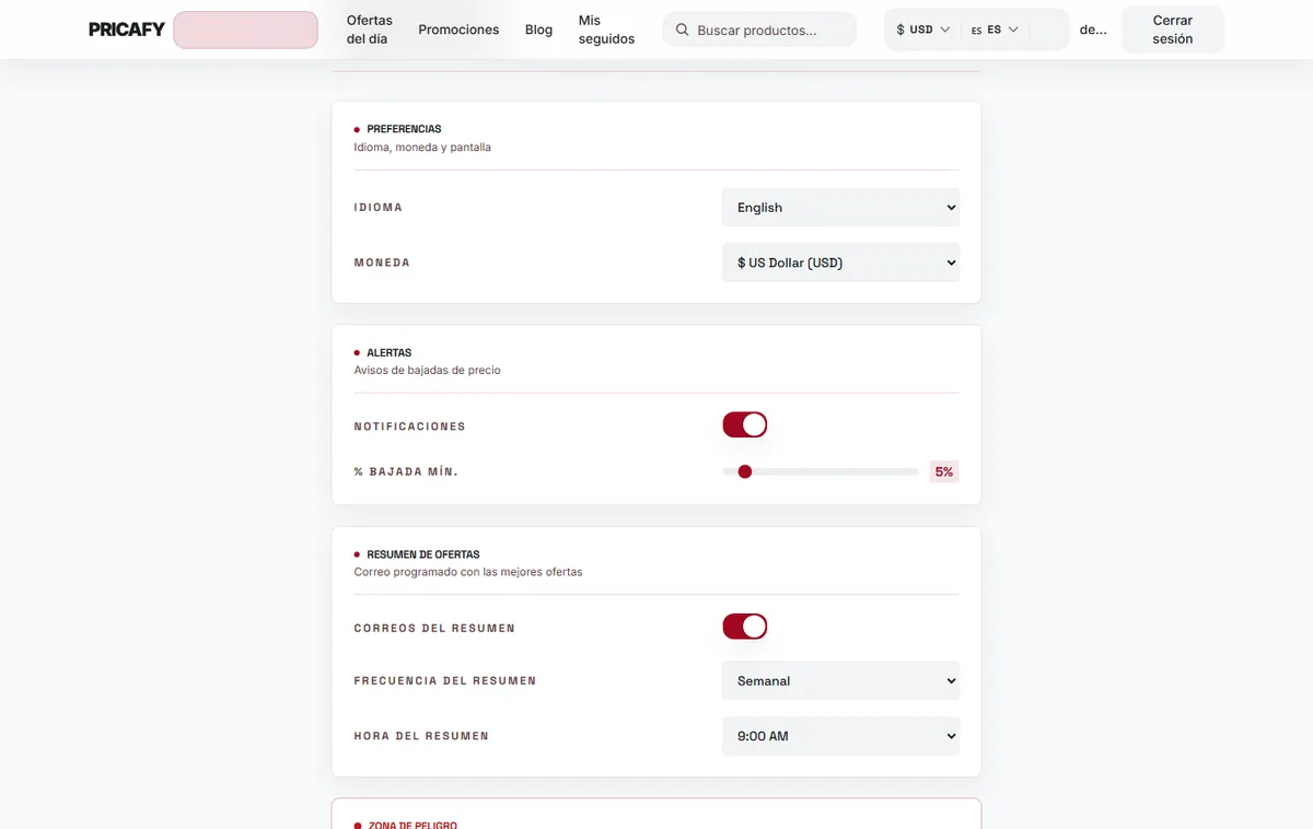 Activa o desactiva las alertas de precios