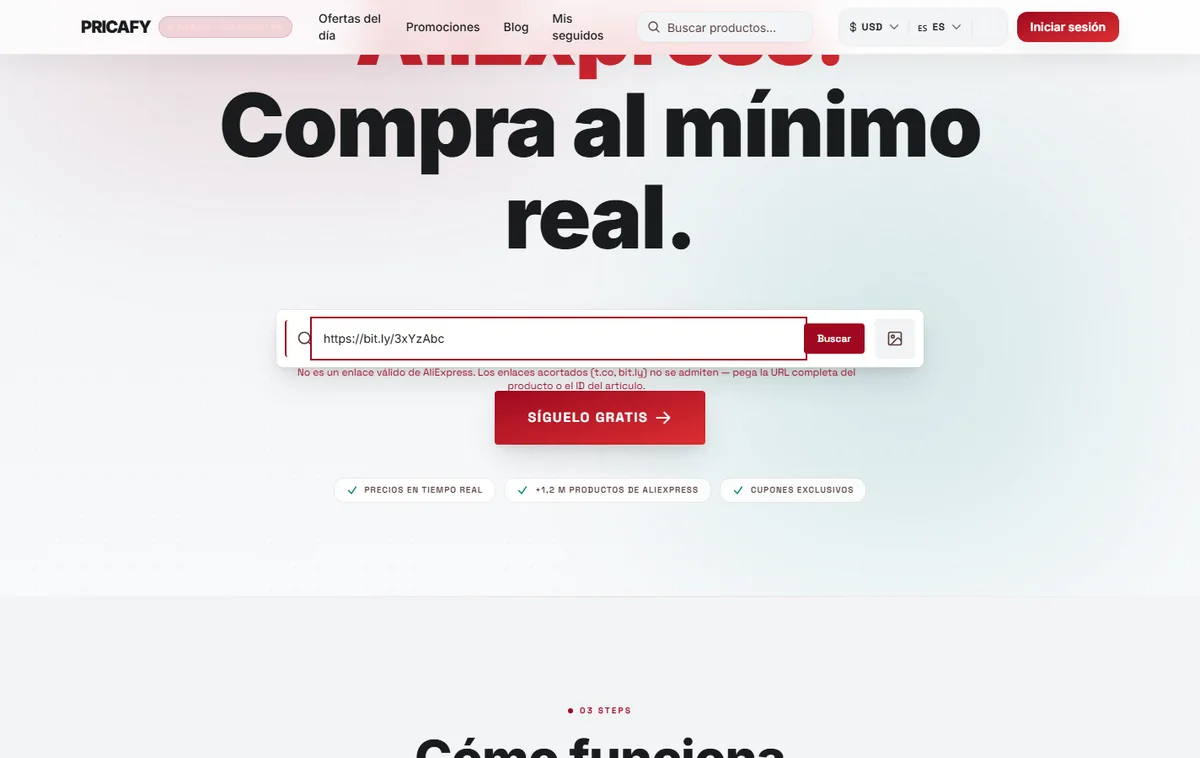 Enlaces cortos de la app de AliExpress