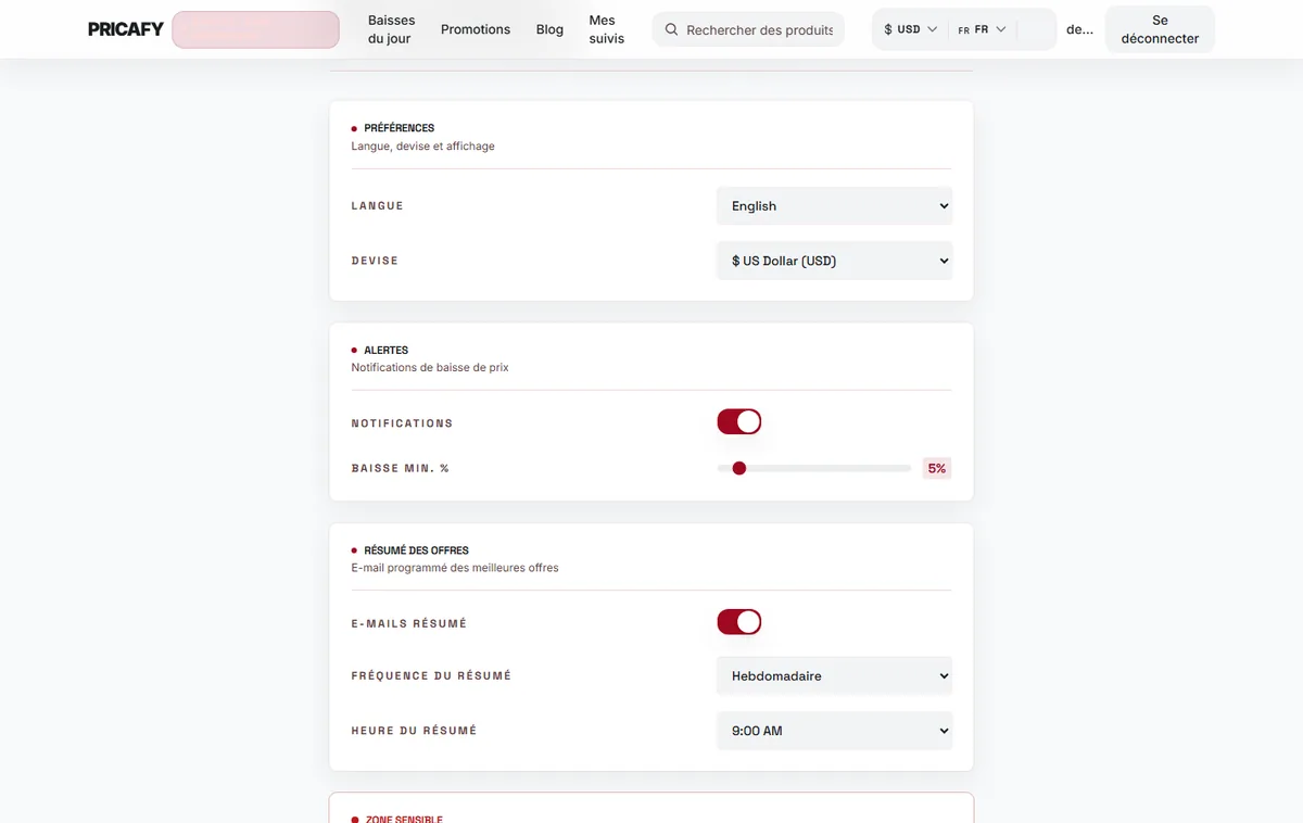 Active ou désactive les alertes de prix