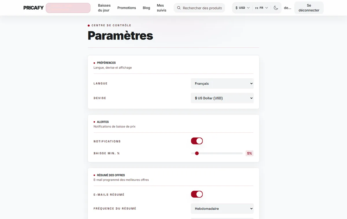 Enregistrer langue et devise dans ton compte