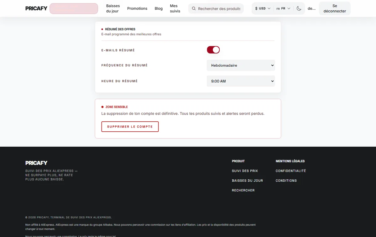 Lancer la suppression du compte