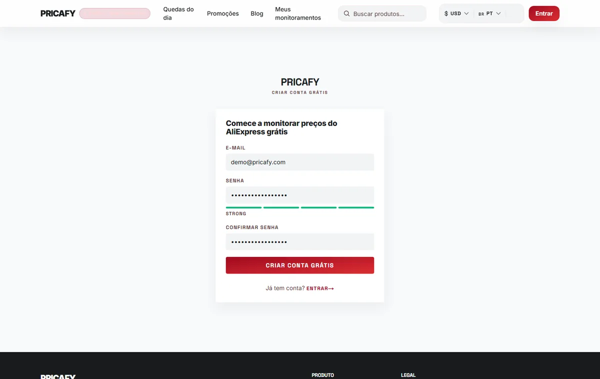 Digite seu e-mail e escolha uma senha