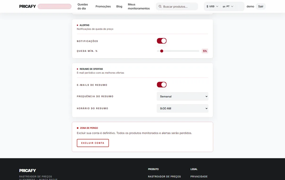 Ative ou desative o resumo de ofertas