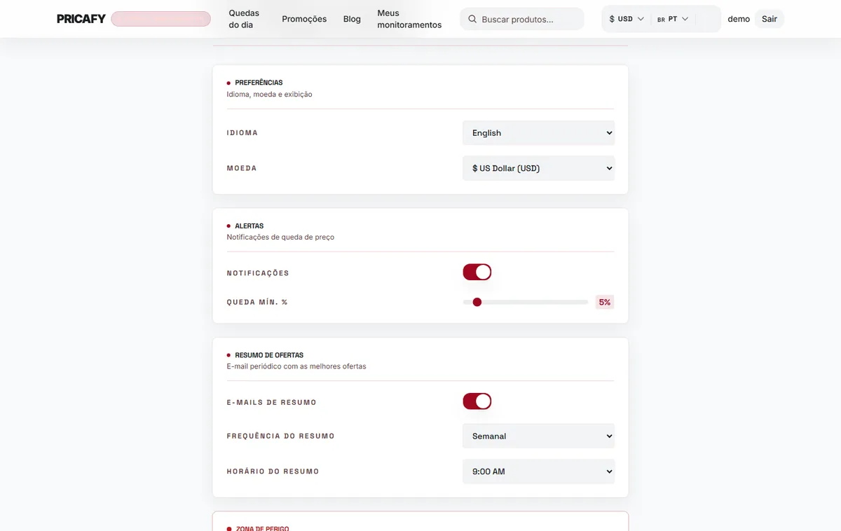 Ative ou desative os alertas de preço