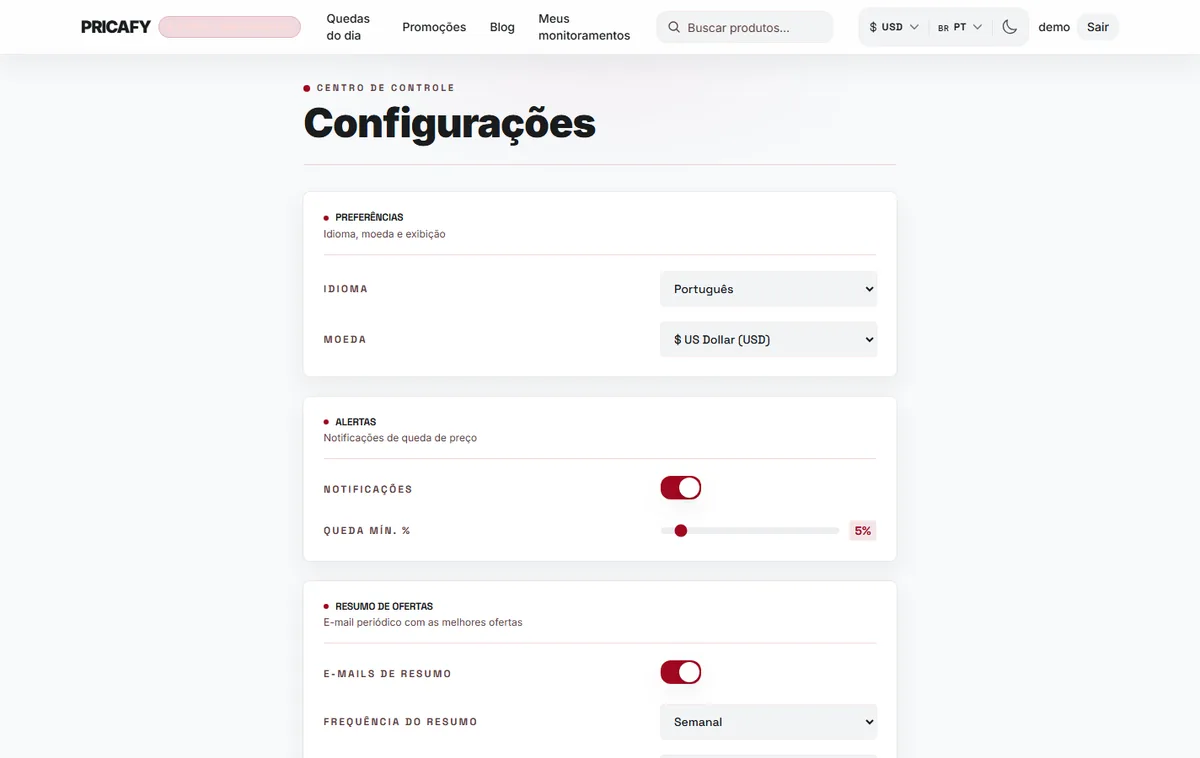 Preferências: idioma e moeda