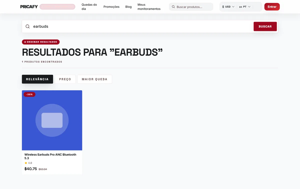 Abra um produto nos resultados
